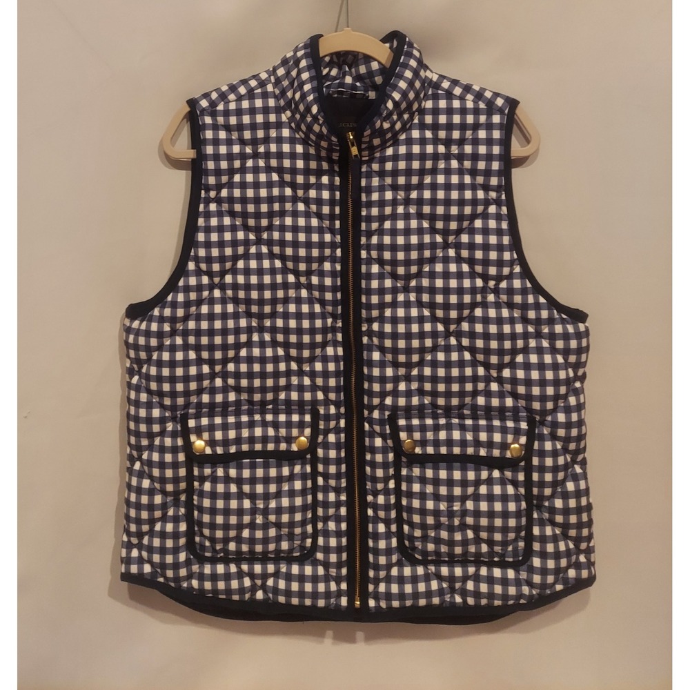J Crew Womens Navy & White Gingham Quilted Down Full Zip Puffer Vest Size XL